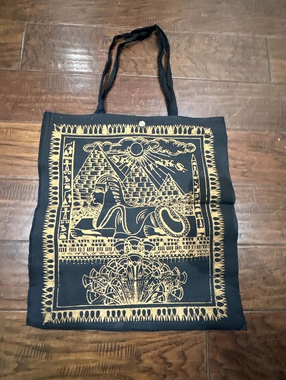 Ancient Egyptian Hieroglyphic Art Print Cotton Canvas Tote Bag Black Gold